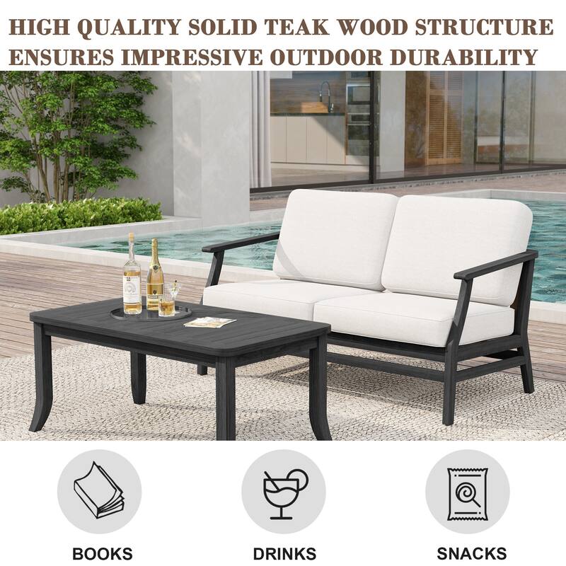 Teak Wood Patio Outdoor Loveseat Sofa and Coffee Table Set