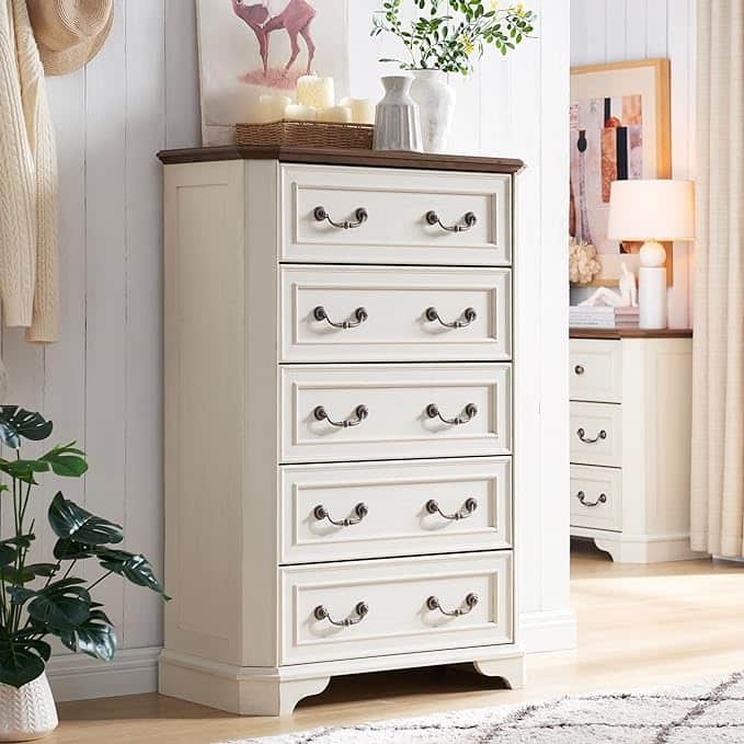 Farmhouse 5 Drawers Dresser, Wood Chest of Drawers, Dressers Organizer - Antique White