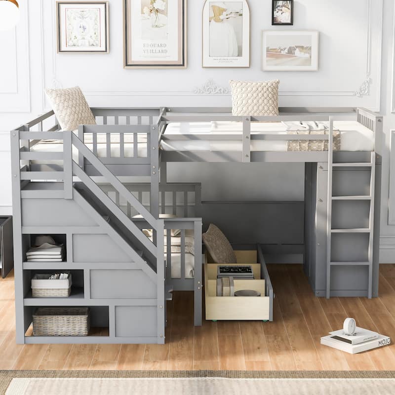 L-Shaped Twin-Twin Over Full Bunk Bed with Drawers, Desk, and Wardrobe in Gray