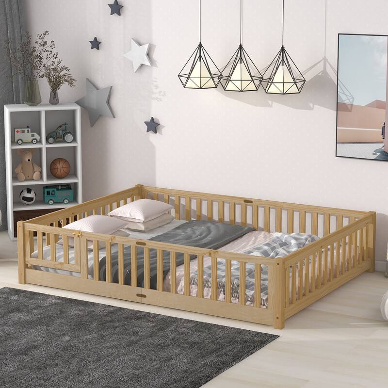 Queen size Floor Platform Bed with Fence Guardrails and Door - Natural