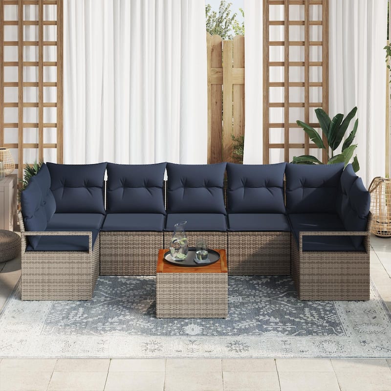 vidaXL 8 Garden Sofa Set with Cushions Black/Grey Poly Rattan - 113.8 x 48 x 27.2