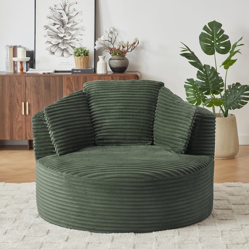 Compressible Corduroy Round Chair With Cushioned Backrest-Modern Comfort Seating(No Swivel) - Green