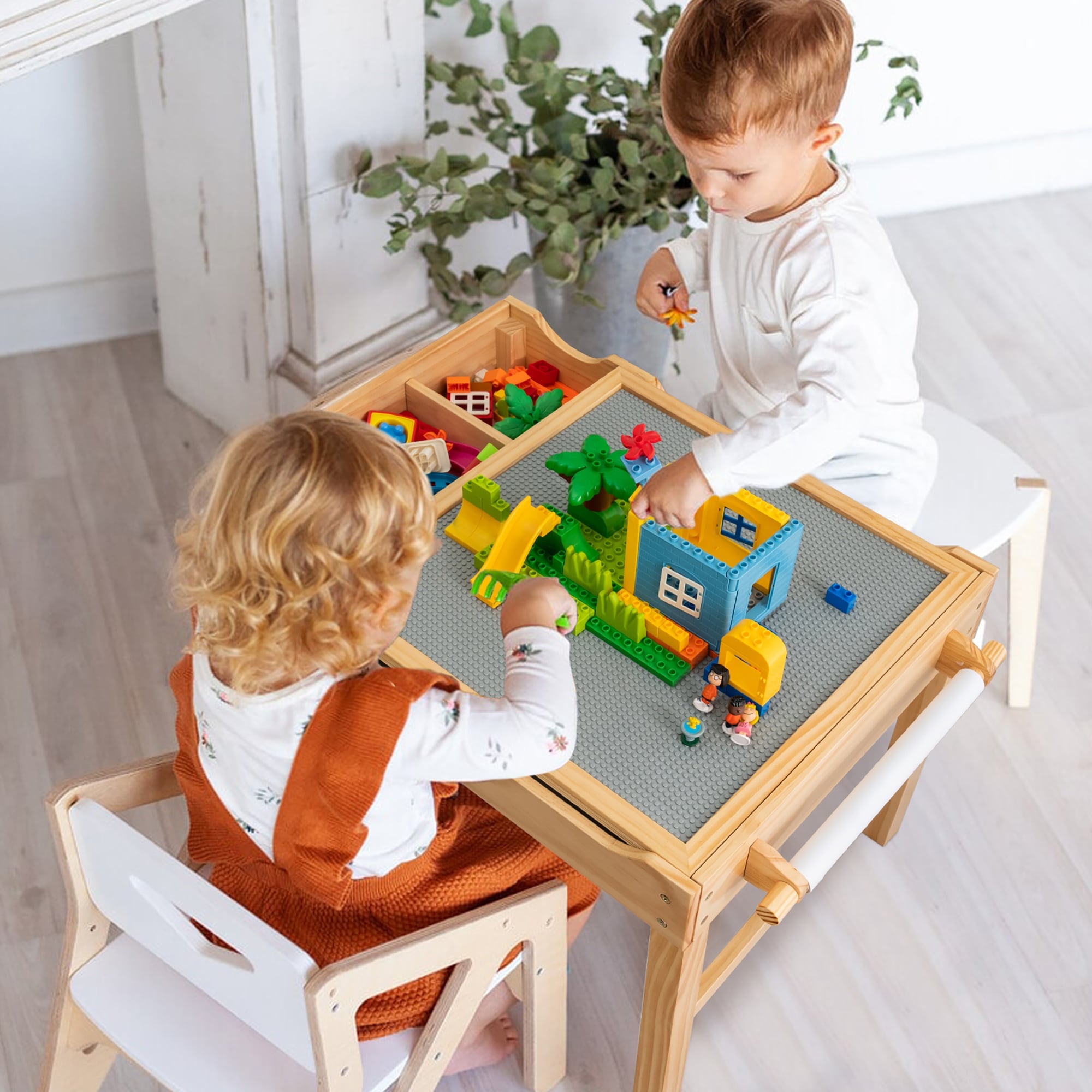 Kids Multi Activity Play Table Wooden Building Block Desk w/Paper Roll