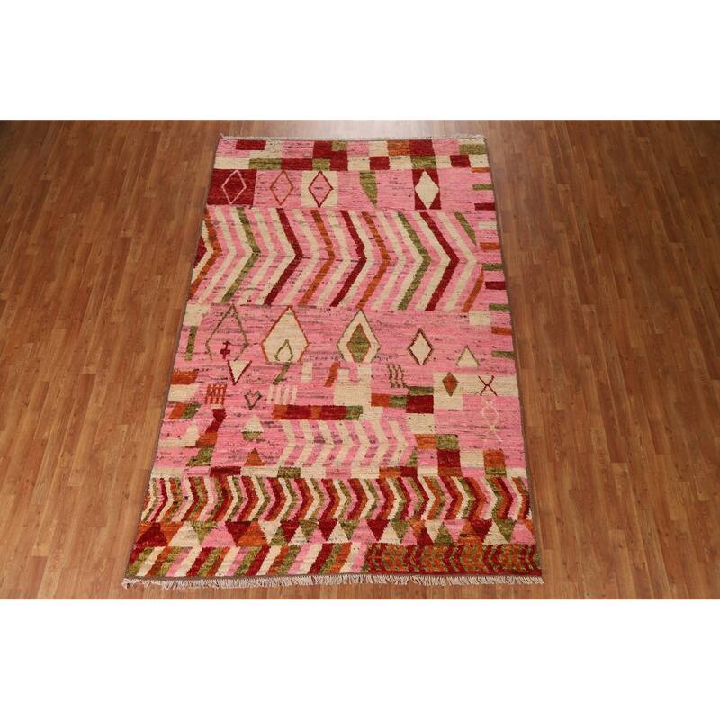 Hand Knotted Oriental 100% Wool Carpet Modern Tribal Pink Moroccan Area Rug - 9' 10'' X 6' 5''
