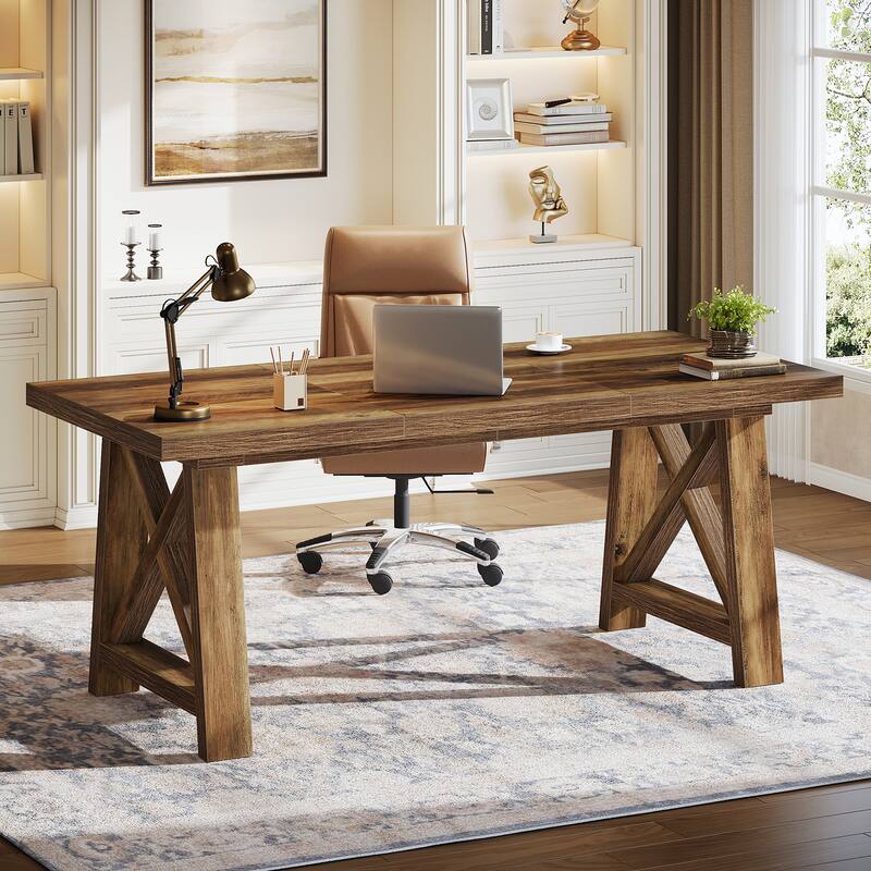 63 Inch Large Home Office Desk Computer Desk with X-Shaped Legs - Brown