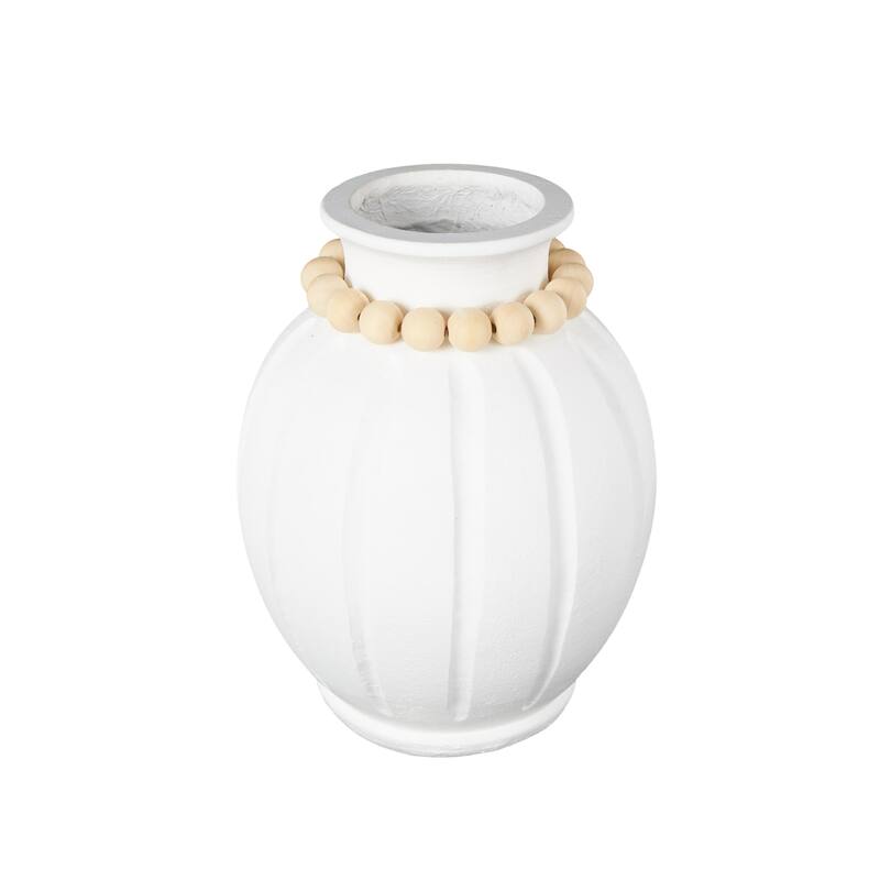 White Magnesium Oxide Decorative Vase with Light Brown Beads and Carved Grooves
