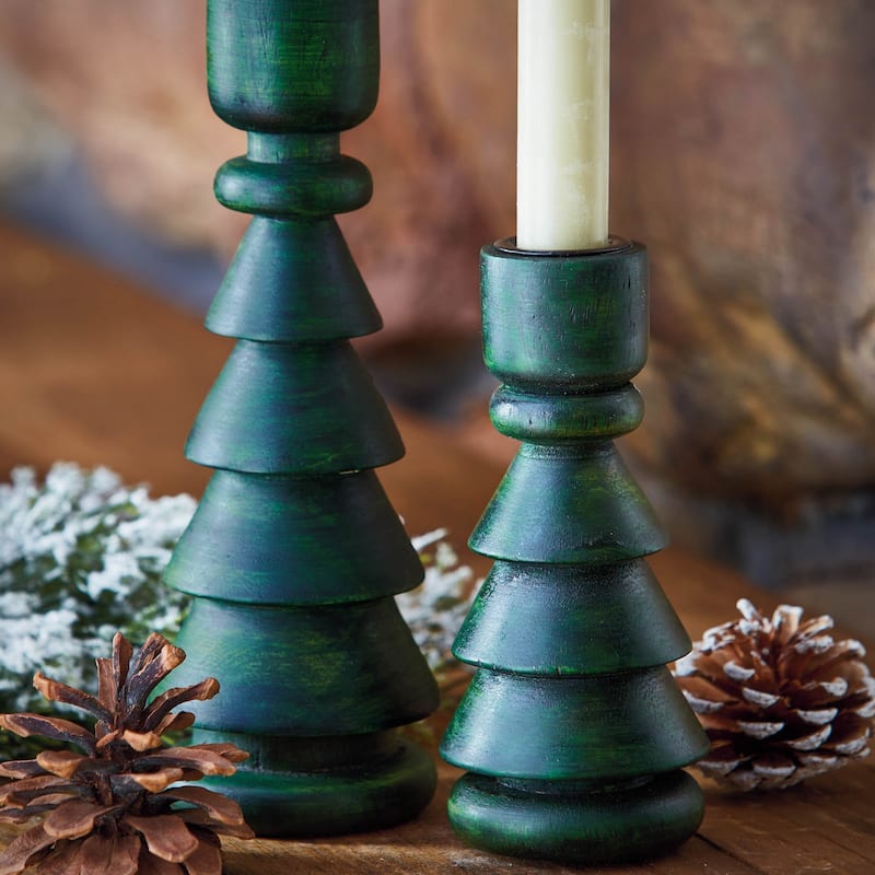 Large Green Wood Tree Taper Candle Holder for Christmas 8 inches Tall, Perfect for Taper Candles, Wipe Clean Design