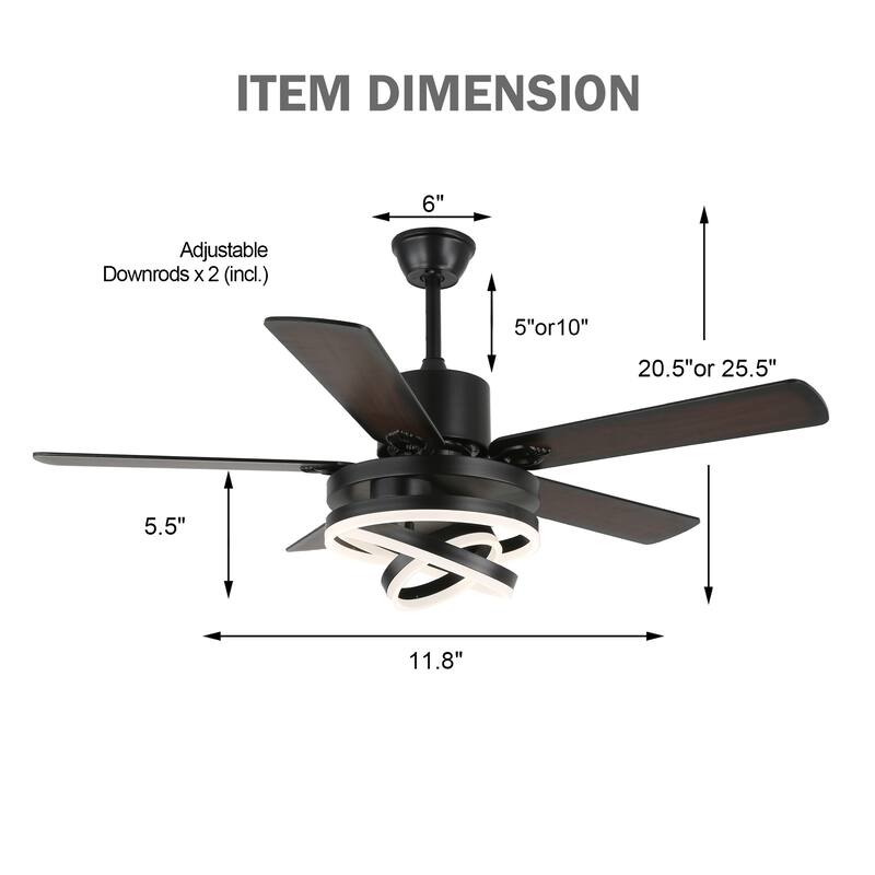 52Inch Modern DIY Shape Reversible Ceiling Fan with LED Light, 6-Speed Ceiling Fan with Remote for Large Room - 52 Inches