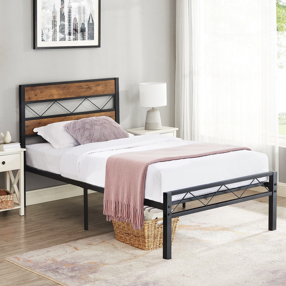 Metal Bed Frame with Brown Wooden Headboard, No Box Spring Needed