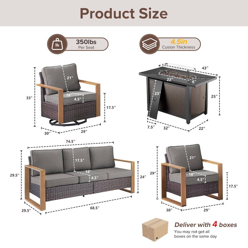 Meyreso Wicker Outdoor Patio Metal Fire Pit Set with Swivel Gliders and Olefin Cushions