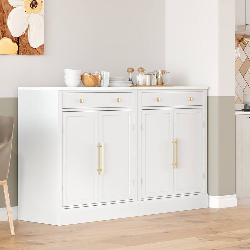 Modern Freestanding Kitchen Pantry,Buffet Food Storage, Coffee Bar Cabinet with Drawer, 2 Adjustable Shelves , Set of 2