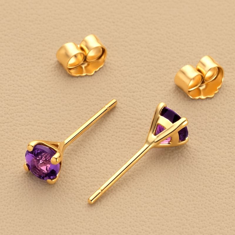 14k Gold 4mm Round Amethyst Solitaire Stud Earrings