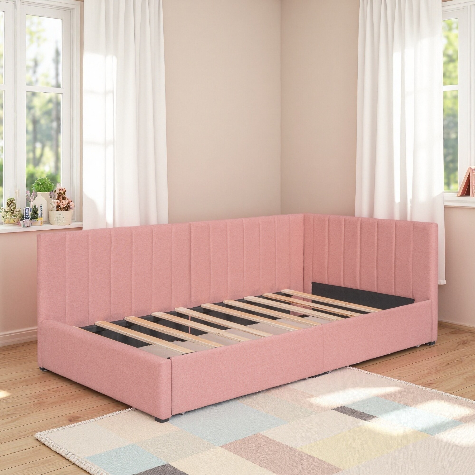 Twin Size Upholstered Sofa Bed with 2 Storage Drawers, Linen Fabric, No Box Spring Needed, Sturdy MDF Frame