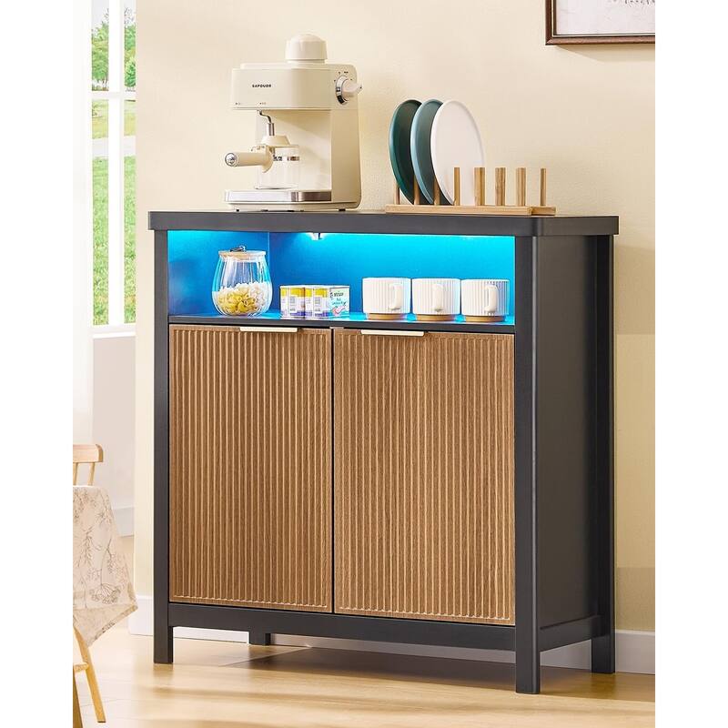 Sideboard Buffet Storage Cabinet,Buffet Table Storage Doors and Drawer - Black & Wood - LED