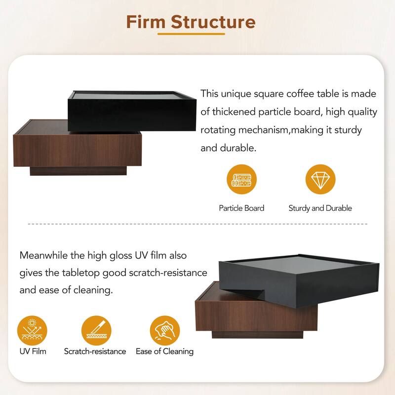 360 degree Rotating 2 Tier Square Coffee Table With 2 Drawers And Swivel Tabletop