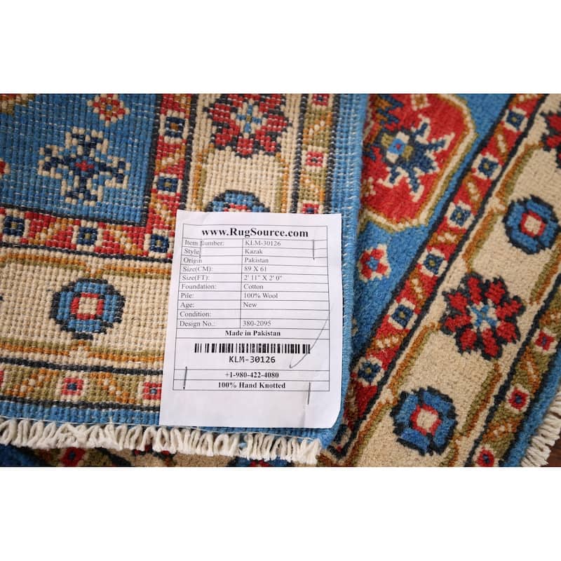 Blue Geometric Kazak Foyer Rug Hand-Knotted Wool Carpet - 2'0" x 2'11"
