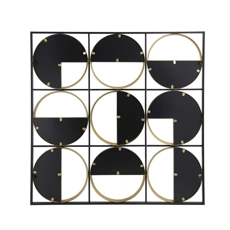 Square Wall Mirror With Frame and Nine Circles 35.5" Black and Gold