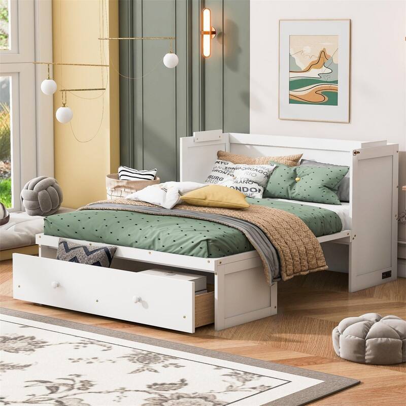 Full/Queen Size Murphy Bed Wall Bed with a Large Storage Drawer and USB Port, Solid Wood Murphy Cabinet Bed, Space Saving Design - White - Full
