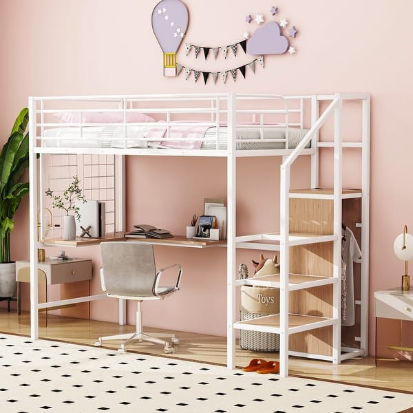 slide 2 of 20, Twin Size Metal Loft Bed with Desk and Metal Grid, Stylish Metal Frame Bed with Lateral Storage Ladder and Wardrobe White