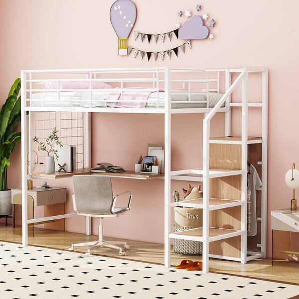 slide 2 of 20, Twin Size Metal Loft Bed with Integrated Desk, Lateral Storage Ladder, and Wardrobe for Space-Saving and Stylish Living White