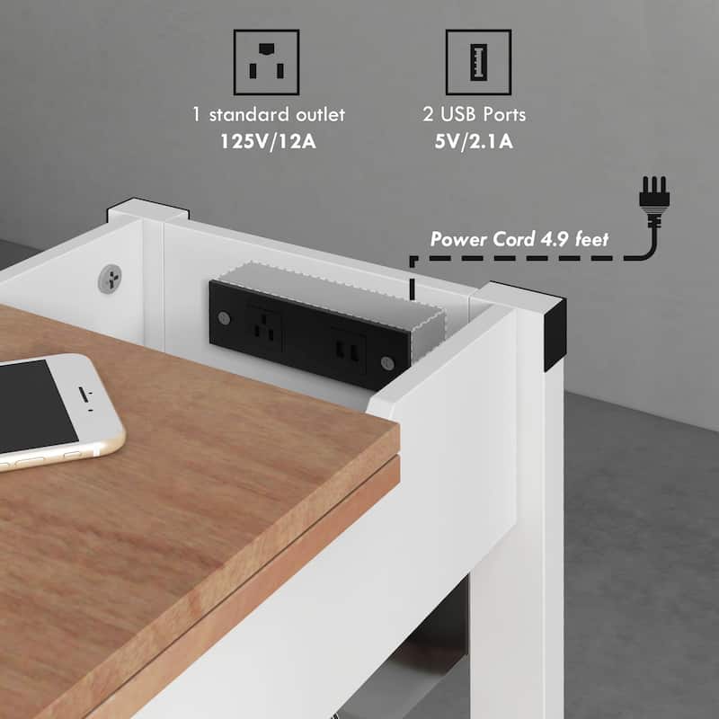 HOMCOM Side Table with Charging Station, End Table with 2 USB Ports and 1 Outlet, Storage Shelves for Living Room, White
