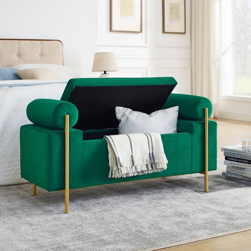 Upholstered Storage Bench with Cylindrical Arms