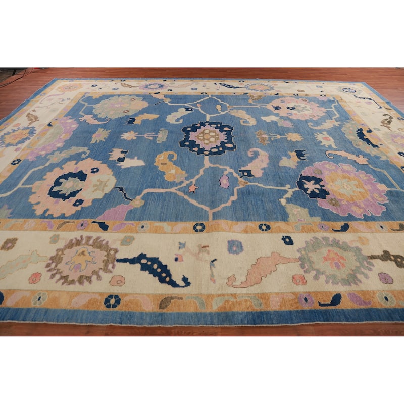 Hand Knotted Oriental 100% Wool Carpet Transitional All-Over Navy Blue & Blues Oushak Area Rug - 15' 7'' X 12' 3''