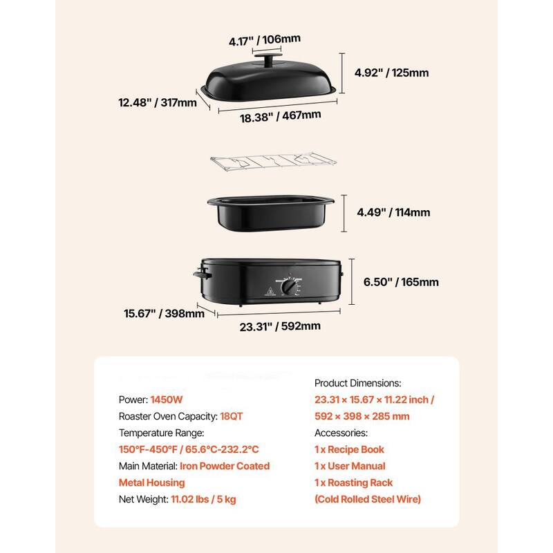 Black 18QT Electric Roaster Oven with Self-Basting Lid and Rack - 23.31 x 15.67 x 11.22 inch