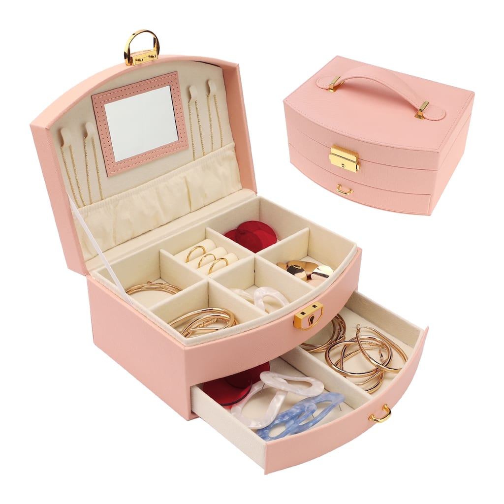 2 Layer Jewelry Box for Girls, PU Leather Jewelry Organizer Case Storage Display Holder with Drawer, Removable Jewelry Tray