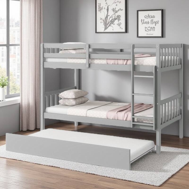 Twin Over Twin Rubberwood Bunk Bed with Pull-Out Trundle, Convertible into Two Separate Beds, Ladder and Safety Guardrails - Grey
