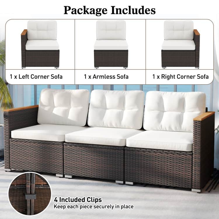 Mix Brown Rattan Metal 3-Seat Patio Sofa with Wood Arms and Cushions - 26" x 76" x 25.5"