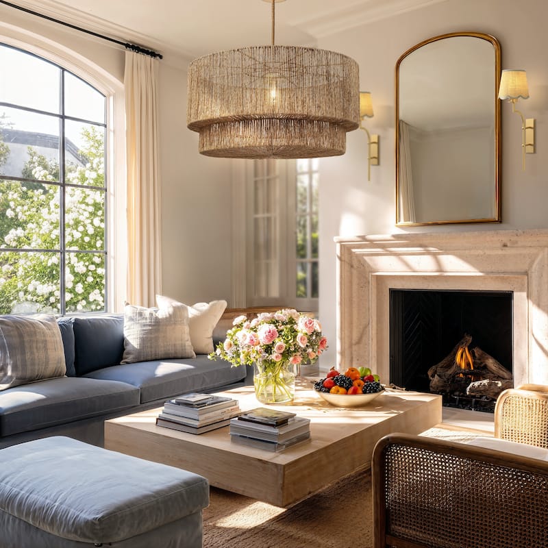 Luminous Rattan Pendant Light - Natural Drum Handwoven Light Fixture For Modern, Transitional, Farmhouse, Boho Room Décor.