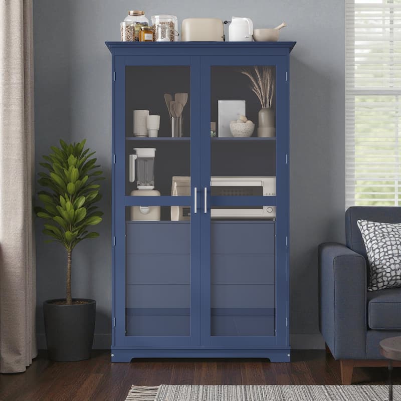 75" Solid Pine Wood Kitchen Pantry Cabinet with Glass Doors and 4 Drawers, Freestanding Storage Display Cabinet for Dining Room - Blue