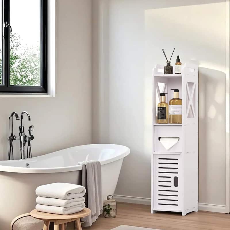 VECELO White Small Bathroom Storage Cabinet Toilet Paper Storage for Half Bathroom Narrow Toilet Paper Cabinet