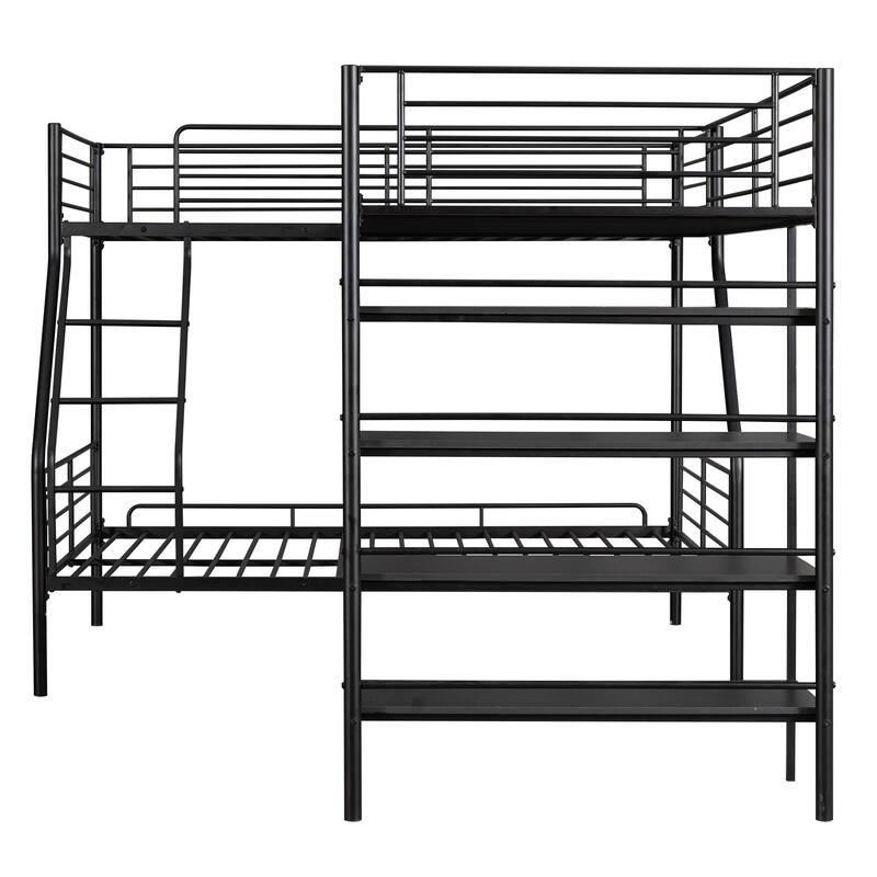 L-Shaped Twin over Full Bunk Bed with Twin Loft and Built-in Shelves, Black