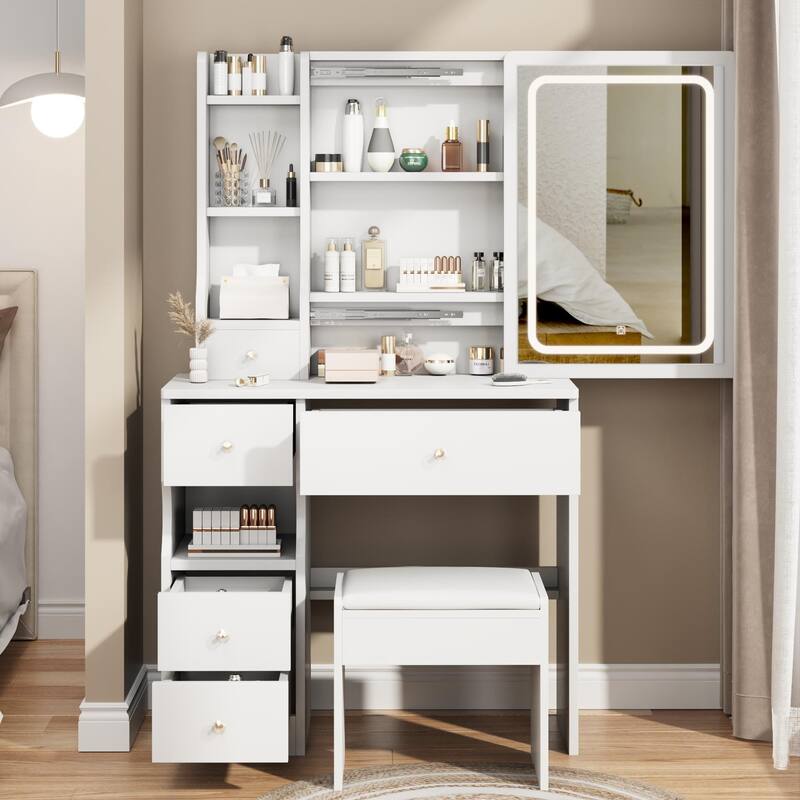 Small Space Left Drawer Desktop Vanity Table,Cushioned Stool,Extra Large Touch Control Sliding LED Mirror