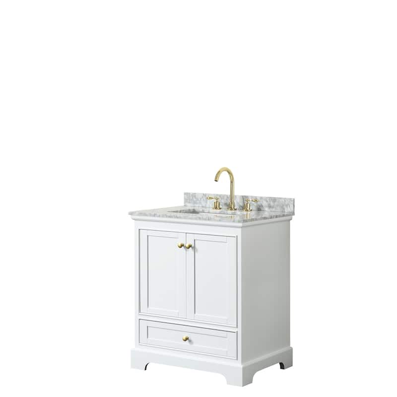 Deborah 30-inch Single Vanity, Square Sink, No Mirror - White, Gold Trim, White Carrara Marble Top