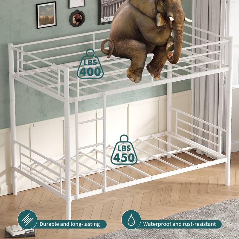 Bunk Bed Twin Over Twin, Metal Bunk Bed with Built-in Ladder and Safety Guardrail, Space-Saving Twin Bunk Beds