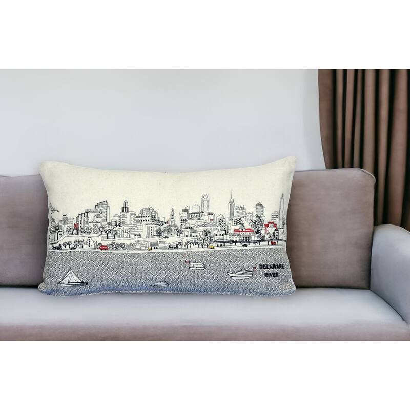 HomeRoots 25" White Philadelphia Daylight Skyline Lumbar Decorative Pillow - Bed Rest - Polyester