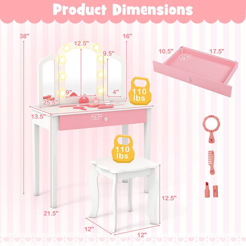 Gymax Kids Vanity Table Set 2-in-1 Princess Makeup Dressing Desk