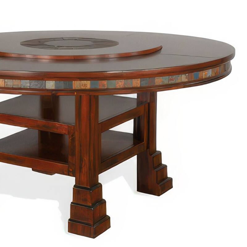 Odell Dining Table w Lazy Susan, 2 Shelves, 60 Inch Round Dark Brown