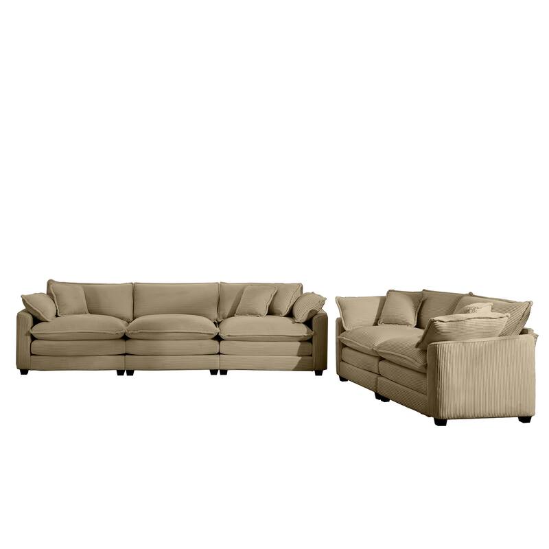Corduroy Fabric Deep Seat Sofas Set with Throw Pillows, 3+2 Seater Flexible Combinations Sofa with Removable Armrests