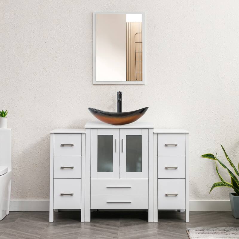 48" Bathroom Vanity Set Vessel Sink Faucet W/ Small Cabinet Combo - Glass brown boat sink - White