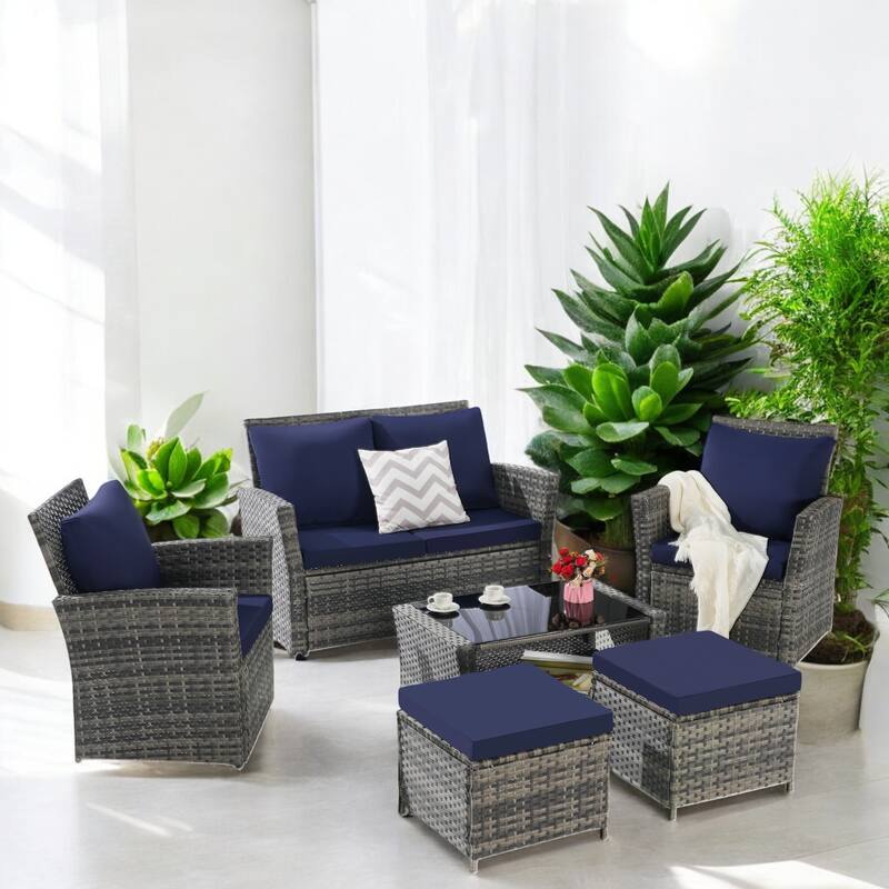 6-Piece Wicker Patio Furniture Set with Cushions & Coffee Table & Ottomans, Sofa for Outdoor Garden, Patio, or Balcony