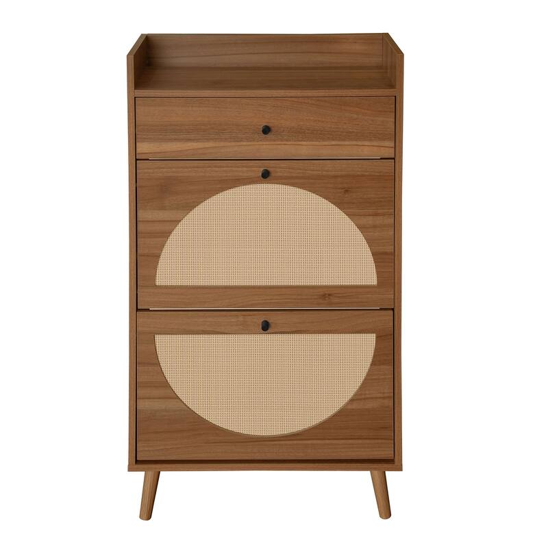Entryway Shoe Storage Cabinet, Freestanding Rattan Shoe Rack, Shoe Organizer with 2 Flip Drawers & 1 Pull-Out drawer