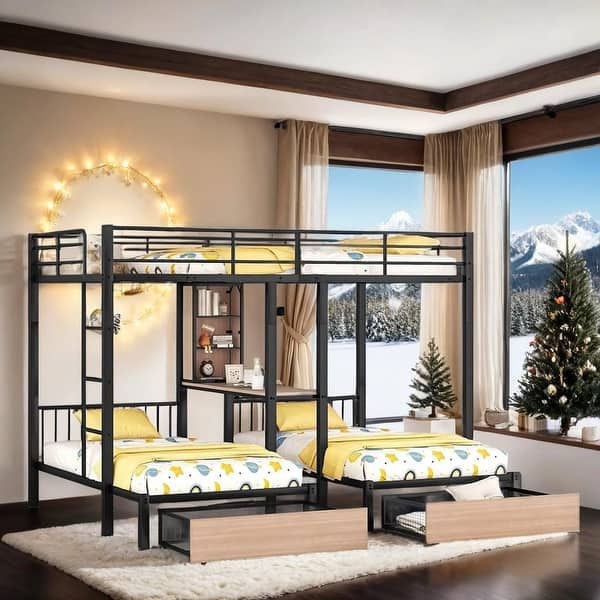 slide 2 of 17, Multi-functional Metal Frame Full Over Twin & Twin Triple Bunk Bed with Drawers, Desks and Shelves in the Middle, Black