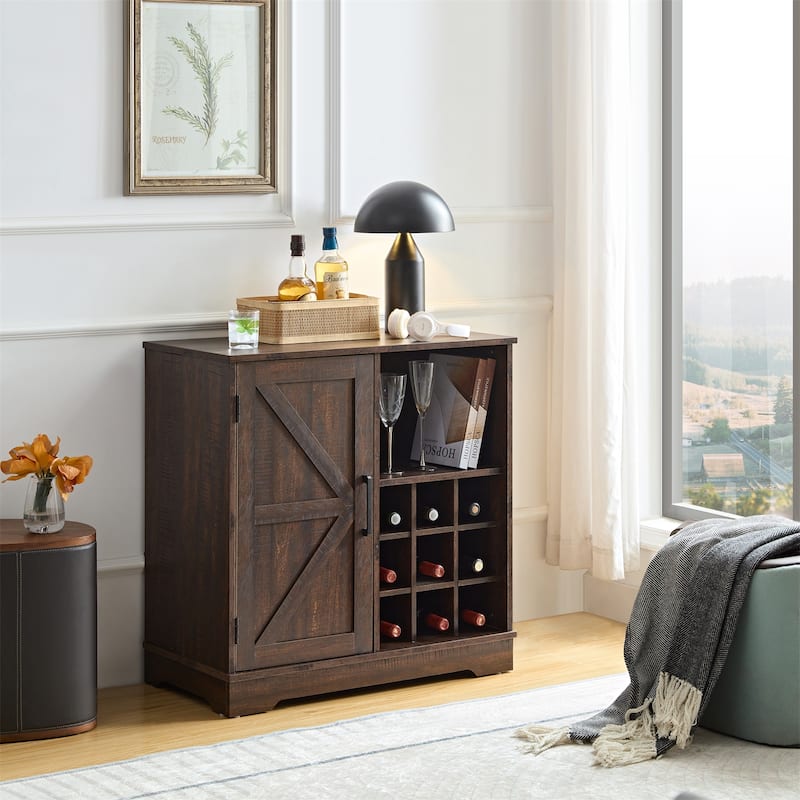 Farmhouse Wine Bar Cabinet with Drawer and Adjustable Storage Shelves for Liquor and Glasses