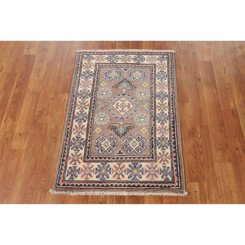 Hand Knotted Oriental 100% Wool Carpet Traditional Geometric Greys & Charcoal Kazak Area Rug - 3' 0'' X 2' 0''