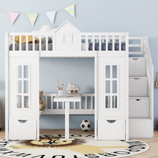 slide 2 of 20, Full Over Full Wooden Bunk Bed with Staire,Under-Bed Changeable Table White