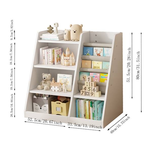 dimension image slide 1 of 3, 4-Tier Kids Bookshelf with Storage Pockets,Toy Organizer Cabinet